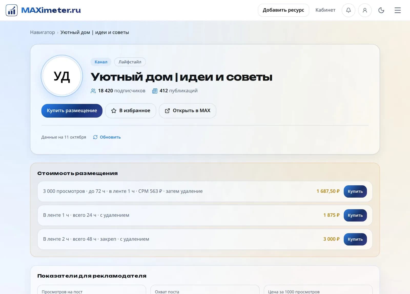 Карточка канала в каталоге Максиметера: число подписчиков, кнопка «Купить размещение» и три варианта размещения с ценами